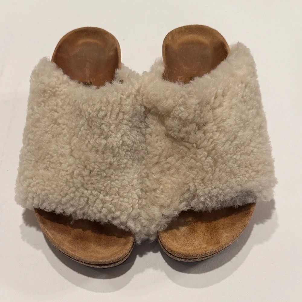 Papillio Shearling Slide Sandals in Cream and Tan